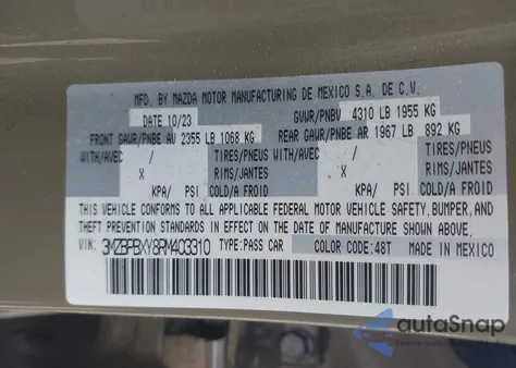 2024 Mazda Mazda3 2.5 Carbon Turbo из США, поврежденный, VIN 3MZBPBXY8RM403310